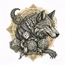 An intricate design of a dungeon master surrounded by Dnd dice, with a wolf and scorpion symbolizing different characters in the game, and a sun shining above tattoo design idea