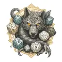 An intricate design of a dungeon master surrounded by Dnd dice, with a wolf and scorpion symbolizing different characters in the game, and a sun shining above tattoo design idea