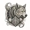 An intricate design of a dungeon master surrounded by Dnd dice, with a wolf and scorpion symbolizing different characters in the game, and a sun shining above tattoo design idea