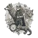 An intricate design of a dungeon master surrounded by Dnd dice, with a wolf and scorpion symbolizing different characters in the game, and a sun shining above tattoo design idea