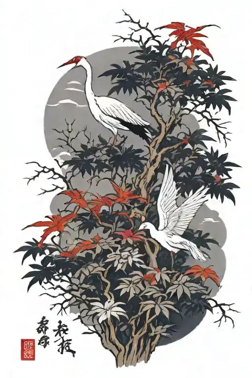 Japanese maple tree surrounded by red-crowed crane tattoo design idea