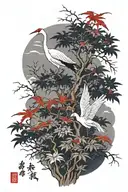 Japanese maple tree surrounded by red-crowed crane tattoo design idea