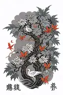 Japanese maple tree surrounded by red-crowed crane tattoo design idea