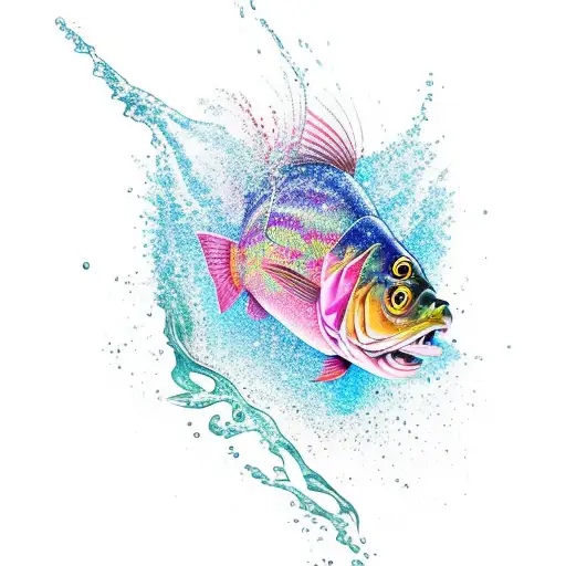 A vibrant and dynamic tattoo featuring a bass leaping out of the water with splashes all around tattoo design idea