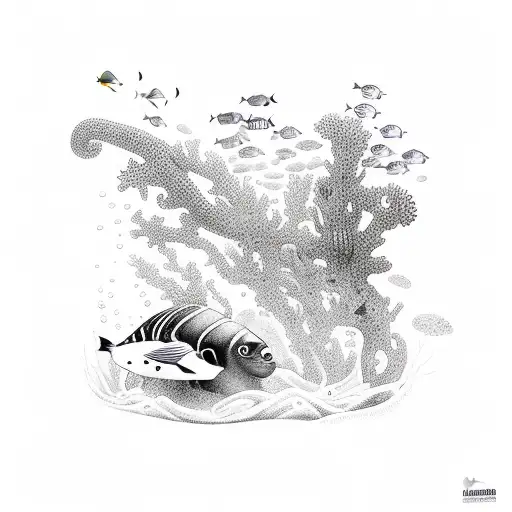 A scuba diver exploring a hidden underwater church filled with colorful marine life tattoo design idea