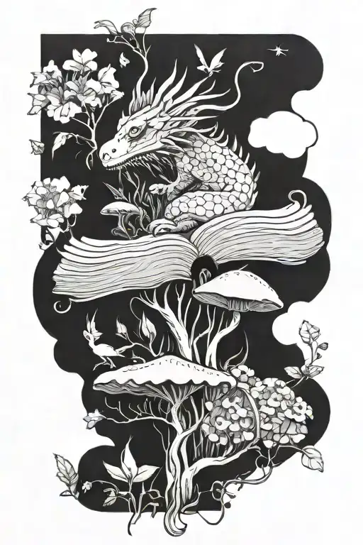 minimalist fantasy book tattoo with dragons, faeries, plants, flowers and mushrooms tattoo design idea