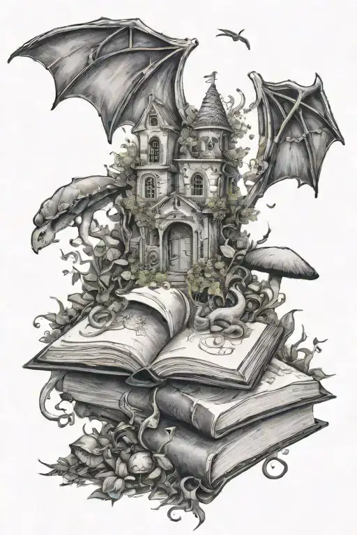 Bookish Fantasy, open book with kingdom coming out of it and small dragons flying on top. Plants/mushrooms to fill edges tattoo design idea