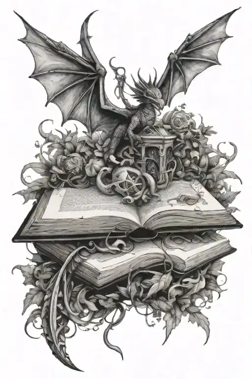 Bookish Fantasy, open book with kingdom coming out of it. Dragons flying, sword in book. Plants/mushroom edges tattoo design idea
