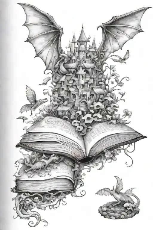 Open book, fantasy kingdom coming out, small dragons flying above, plants/flowers/mushrooms filling the edges tattoo design idea