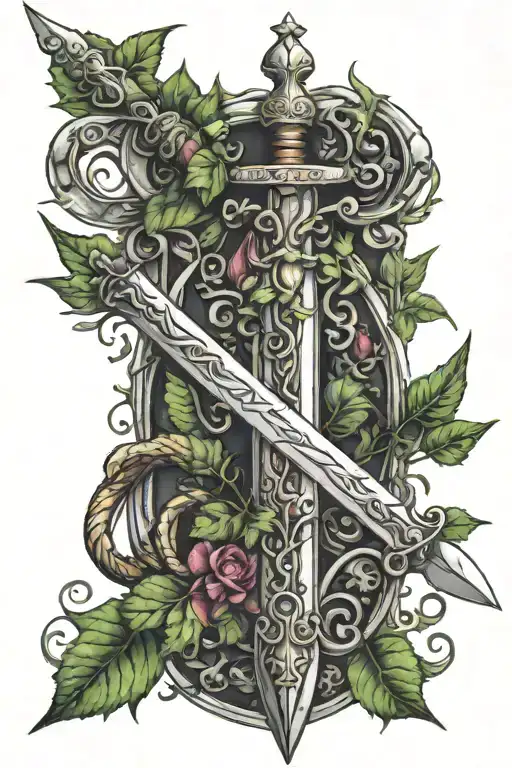 upside down sword with Libra scale balanced and vine with leaves wrapping around sword tattoo design idea