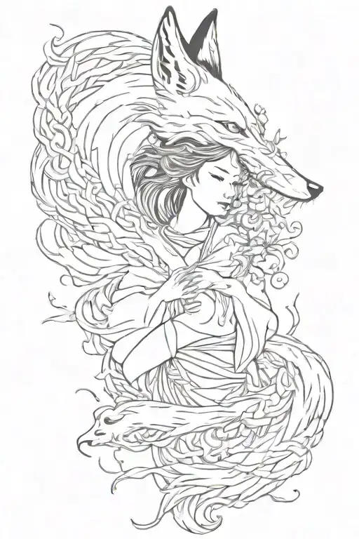 Japanese spirit, a fox with nine tails jumping over a woman's face. Both faces must be facing each other tattoo design idea