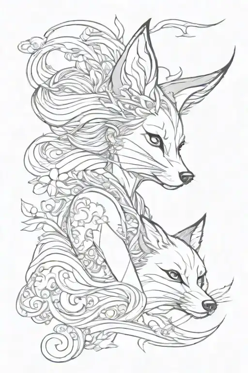 Japanese spirit, woman's face and a full fox that runs along the woman's face while jumping tattoo design idea