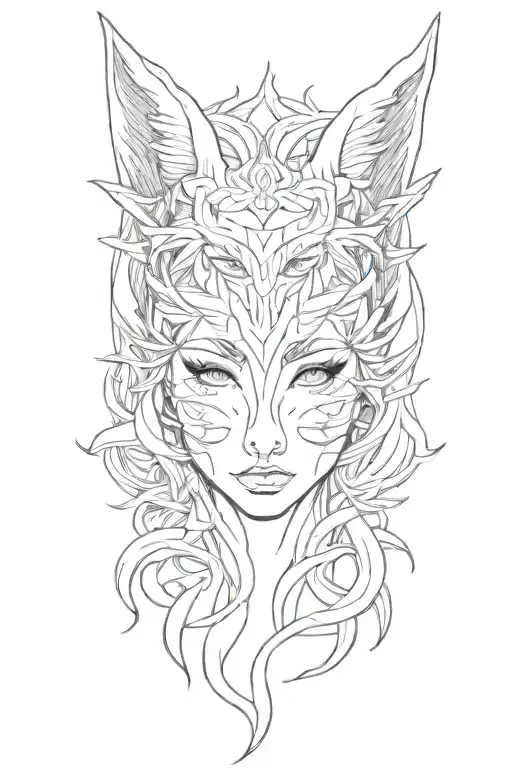 woman's face in the center and nine-tailed fox standing surrounding the face tattoo design idea