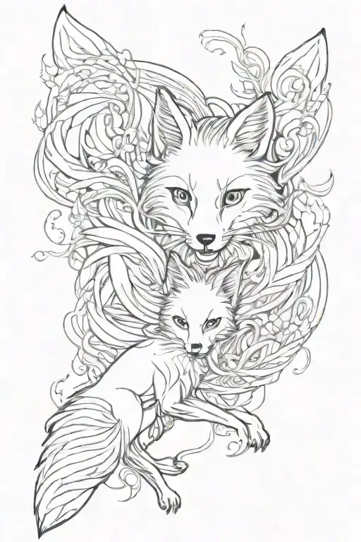 Japanese spirit, a fox with nine tails jumping over a woman's face. Both faces must be facing each other tattoo design idea