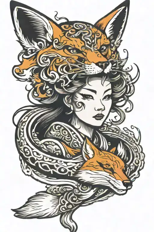 Japanese spirit, woman's face and a full fox that runs along the woman's face while jumping tattoo design idea
