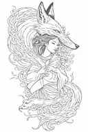 Japanese spirit, a fox with nine tails jumping over a woman's face. Both faces must be facing each other tattoo design idea