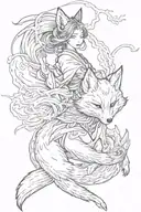 Japanese spirit, a fox with nine tails jumping over a woman's face. Both faces must be facing each other tattoo design idea