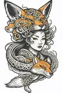 Japanese spirit, woman's face and a full fox that runs along the woman's face while jumping tattoo design idea