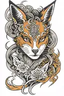 Japanese spirit, woman's face and a full fox that runs along the woman's face while jumping tattoo design idea