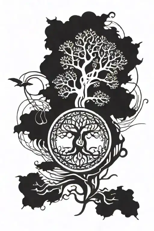 Pagan symbolism including Yggdrasil, mind and mind tattoo design idea