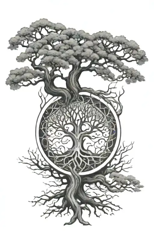 Pagan symbolism including Yggdrasil, mind and mind tattoo design idea