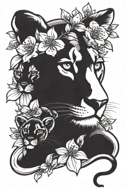 lioness with her 3 blue eyed cubs surrounded by pink cherry blossoms  tattoo design idea