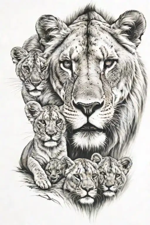 lioness protecting her 3 x cubs  tattoo design idea