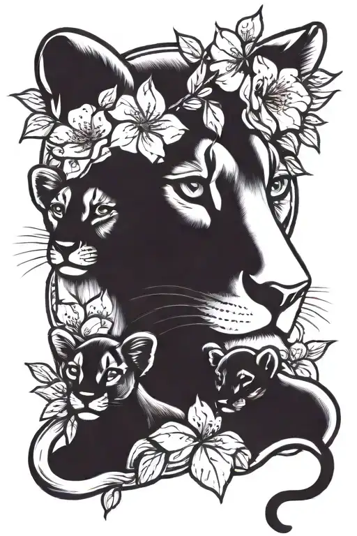 lioness with her 3 blue eyed cubs surrounded by pink cherry blossoms  tattoo design idea