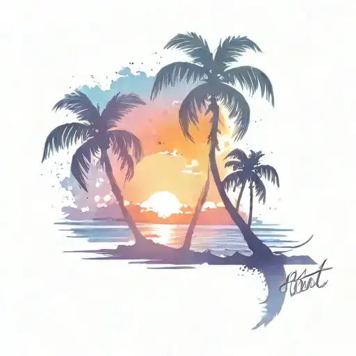 beach, sunset, palm tree silhouette tattoo design idea