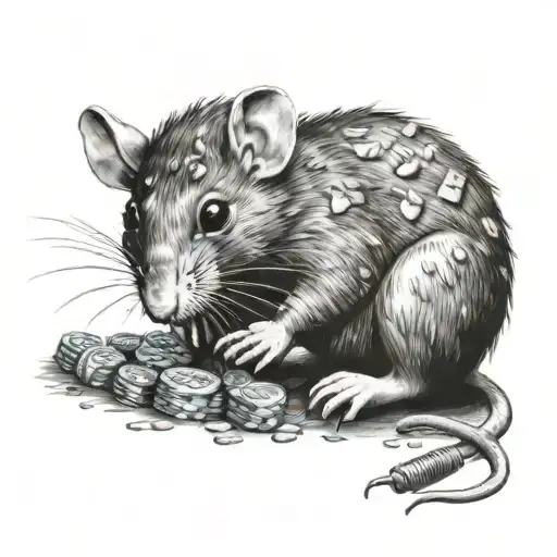 A tattoo of a rat under a cloudy rainy night sky munching on pieces of candy surrounded by candy wrappers  tattoo design idea