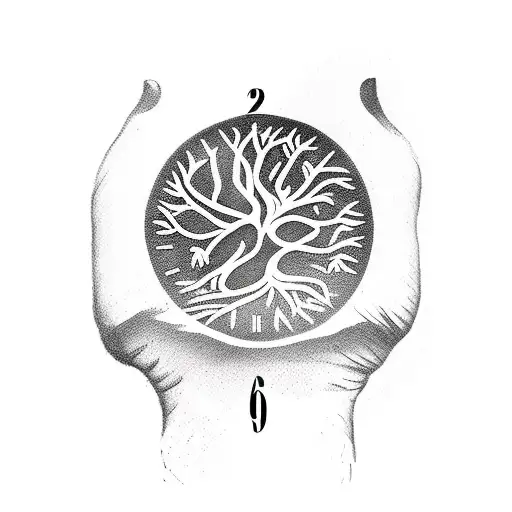 sleeve tattoo with lineage tree, kids footprints, clock and shaded tattoo design idea
