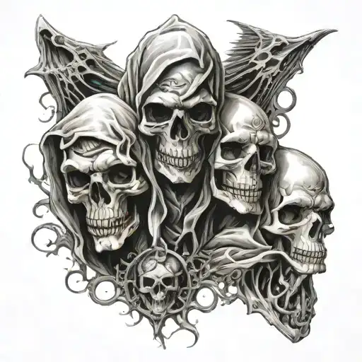 Five Hooded Skull figures  tattoo design idea