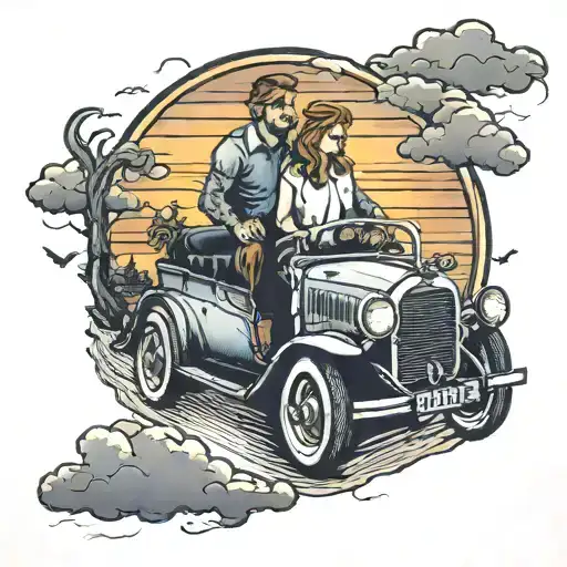 husband and wife driving car to sunset  tattoo design idea