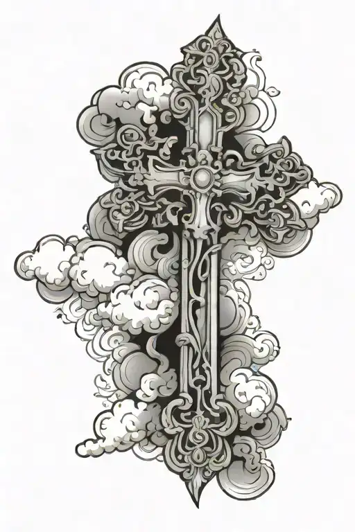Cross with clouds surrounding freestyle design tattoo design idea