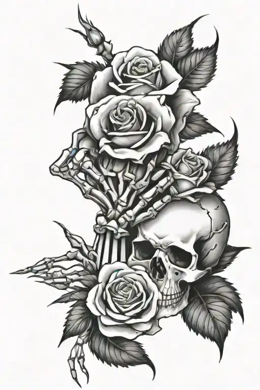skeleton hand holding three thorny white roses tattoo design idea