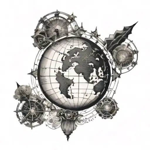 A tattoo design of a globe with intricate patterns and landmarks, symbolizing your love for travel and exploration, with a hidden element of forbidden knowledge like a secret map or code tattoo design idea