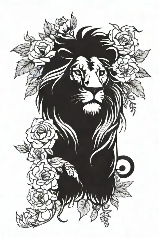 A symbolic tattoo of a lion representing strength and protection, surrounded by flowers symbolizing your family members tattoo design idea