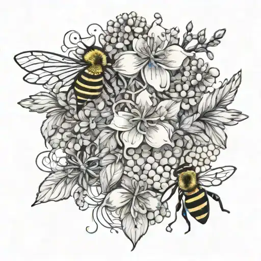 honeysuckle and bees and honey comb line work  tattoo design idea