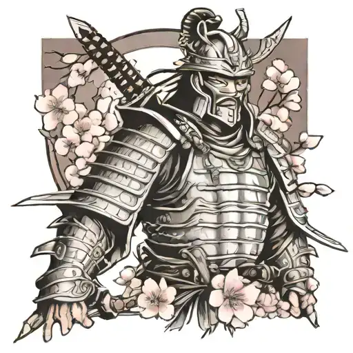 armored samurai and cherry blossoms  tattoo design idea