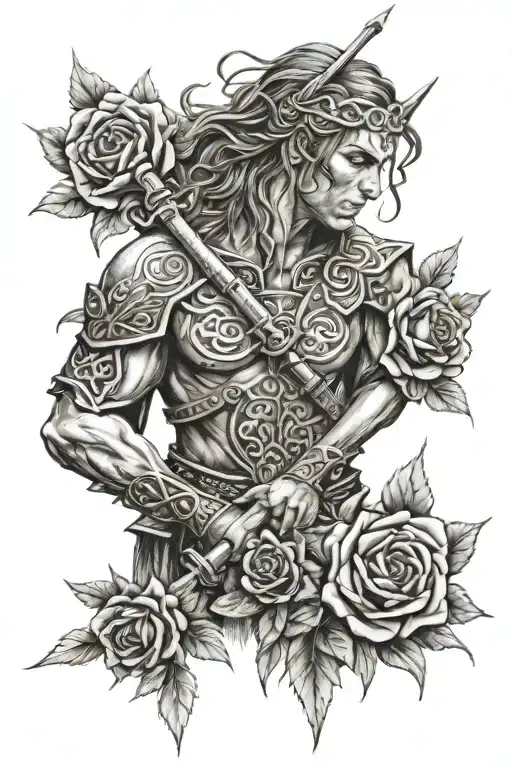 I would like a Celtic warrior, in a fighting position with a rose (flower) referring to a tribute tattoo design idea