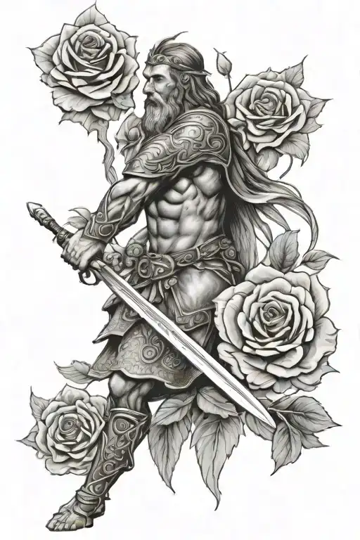 I would like a Celtic male warrior, in a fighting position with a rose (flower) referring to a tribute tattoo design idea