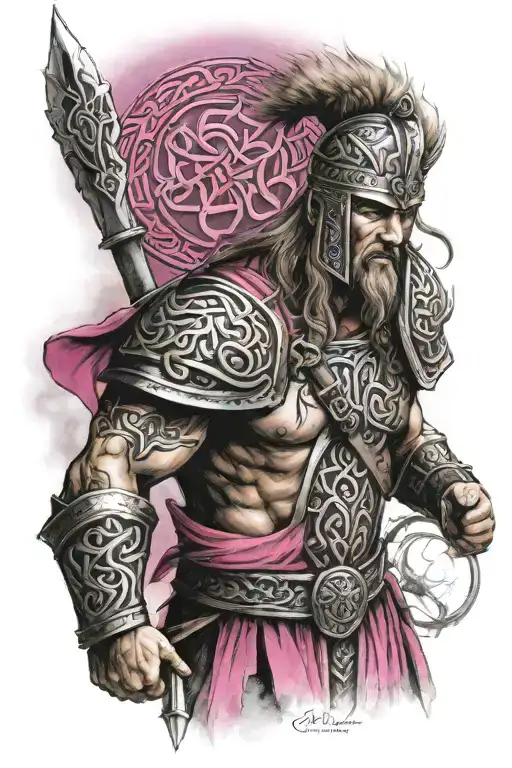 I would like a Celtic warrior, in a fighting position with a pink referring to a tribute tattoo design idea