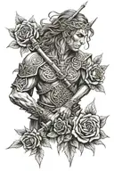 I would like a Celtic warrior, in a fighting position with a rose (flower) referring to a tribute tattoo design idea