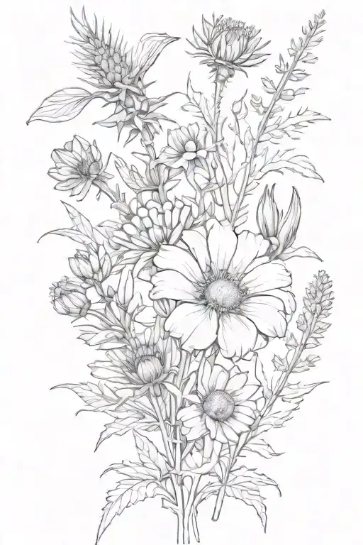 honeysuckle, thistle, Daisies, Sweet Peas,  tattoo design idea
