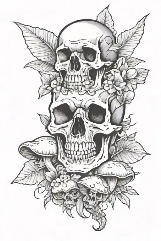 Skull and mushrooms tattoo design idea