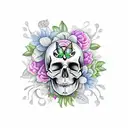 half skull half butterfly intertwined with flowers and vines and a sword through the middle tattoo design idea