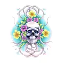 half skull half butterfly intertwined with flowers and vines and a sword through the middle tattoo design idea