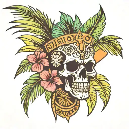 palm tree and tiki mask skull for shell tattoo design idea