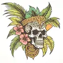 palm tree and tiki mask skull for shell tattoo design idea