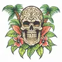 palm tree and tiki mask skull for shell tattoo design idea